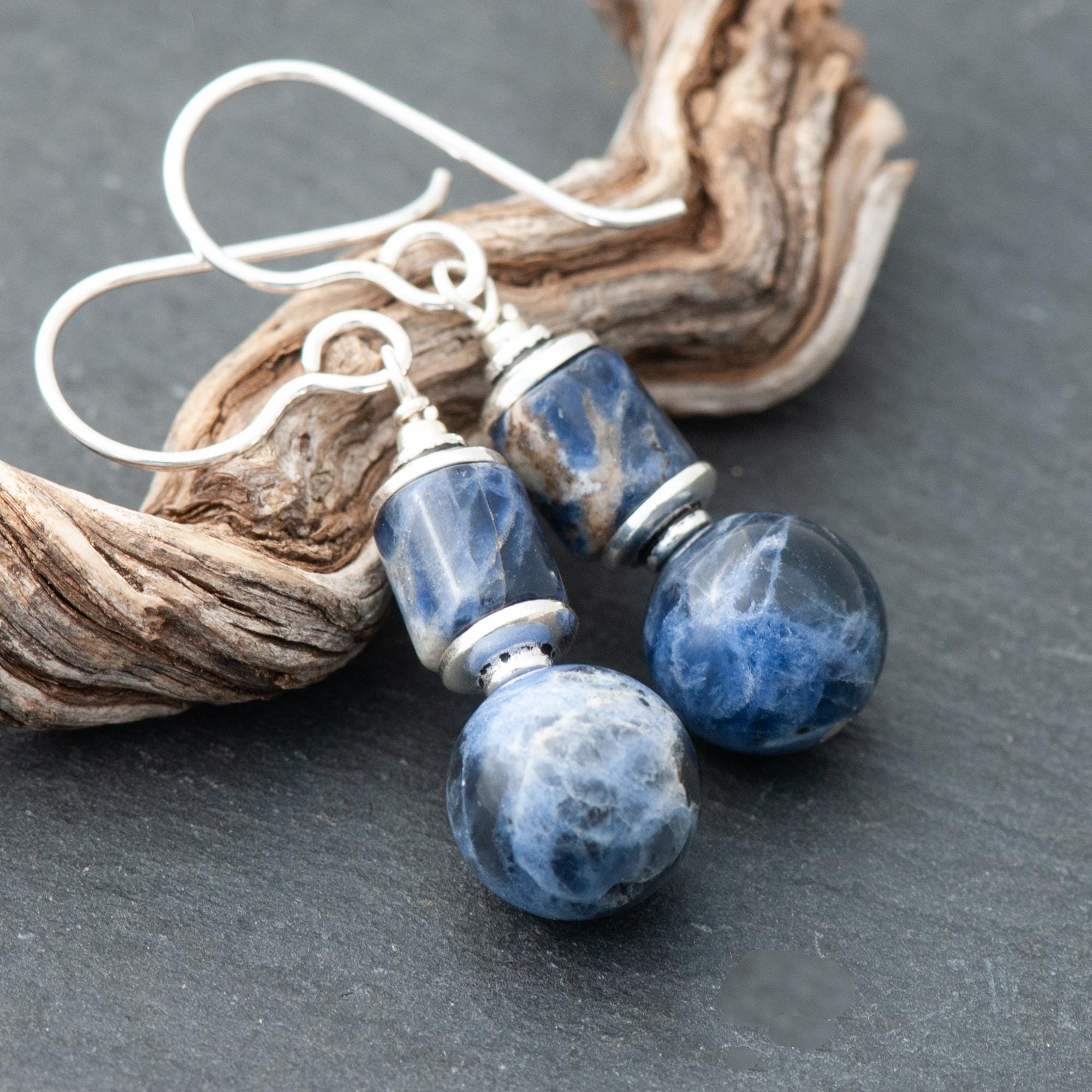 Dumortierite Earrings, Rustic Navy Blue Natural Stone Dangles, 925 Sterling Silver Ear Wires Dumortierite Earrings, Rustic Navy Blue Natural Stone Dangles, 925 Sterling Silver Ear Wires