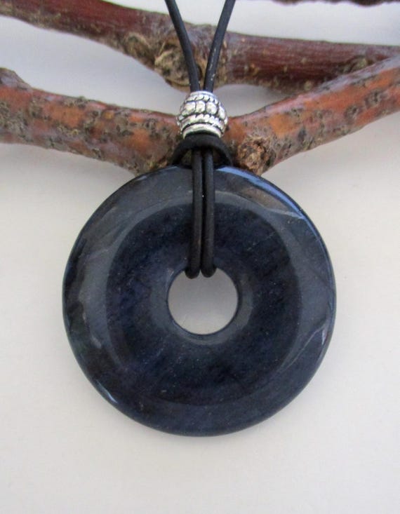 Dumortierite Natural Stone Donut Energy Pendant Necklace 40mm.  Ed351