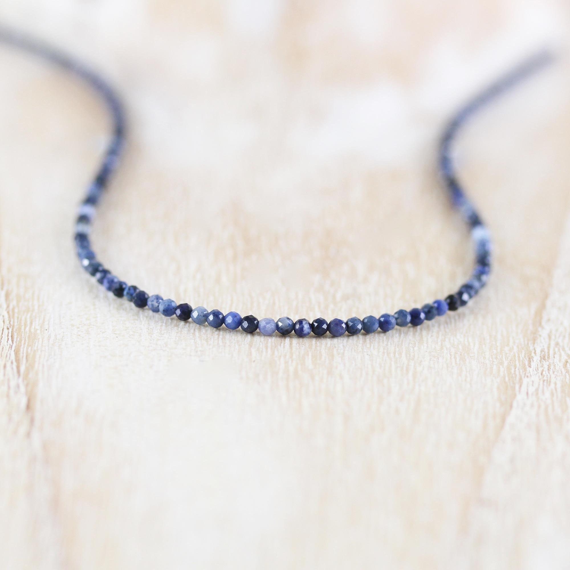 Dumortierite Delicate Beaded Necklace In Sterling Silver, Gold Or Rose Gold Filled, Dainty Blue Gemstone Choker, Long Layering Necklace