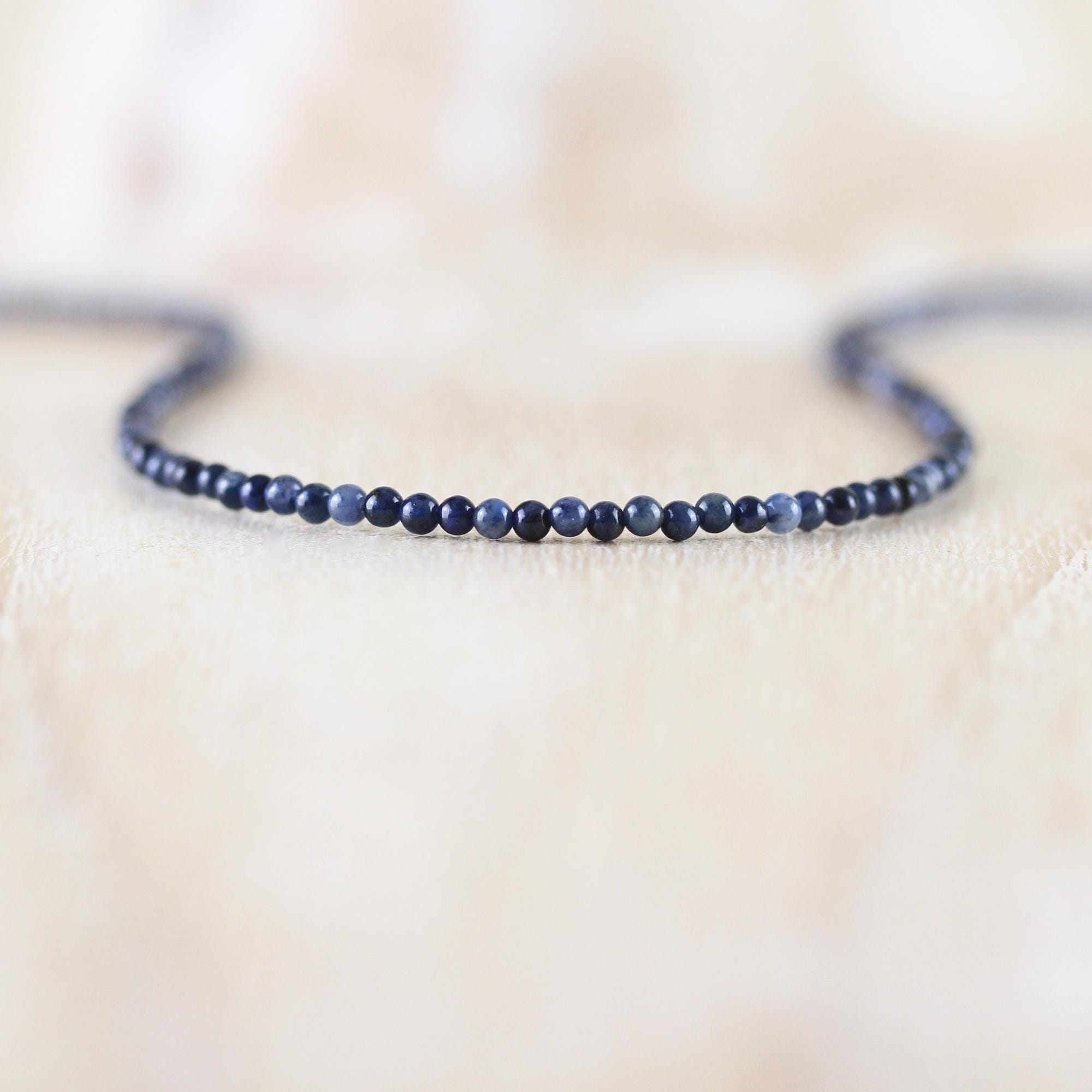 Dumortierite Tiny Beaded Necklace In Sterling Silver, Gold Or Rose Gold Filled, Dainty Gemstone Choker, Long Layering Necklace For Women