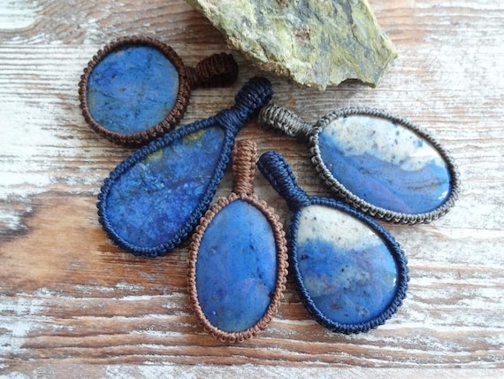 Blue Dumortierite Necklace, Healing Balance Stone, Blue Stone Pendant, Gift For Darling, Meditation Necklace, Macrame Pendant Gift
