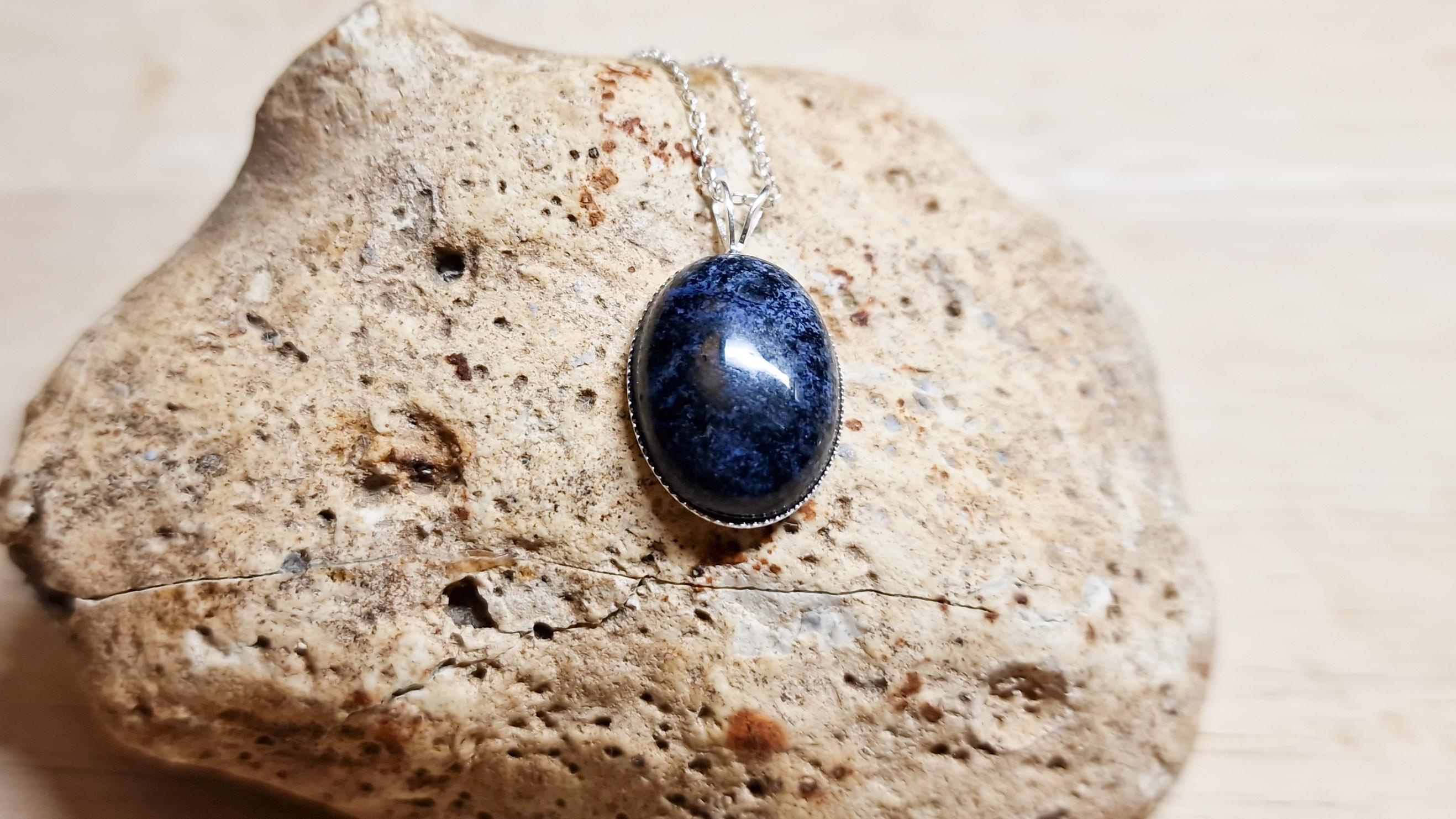 Blue Dumortierite Pendant Necklace. Reiki Jewelry Uk. 18x13mm Semi Precious Stone