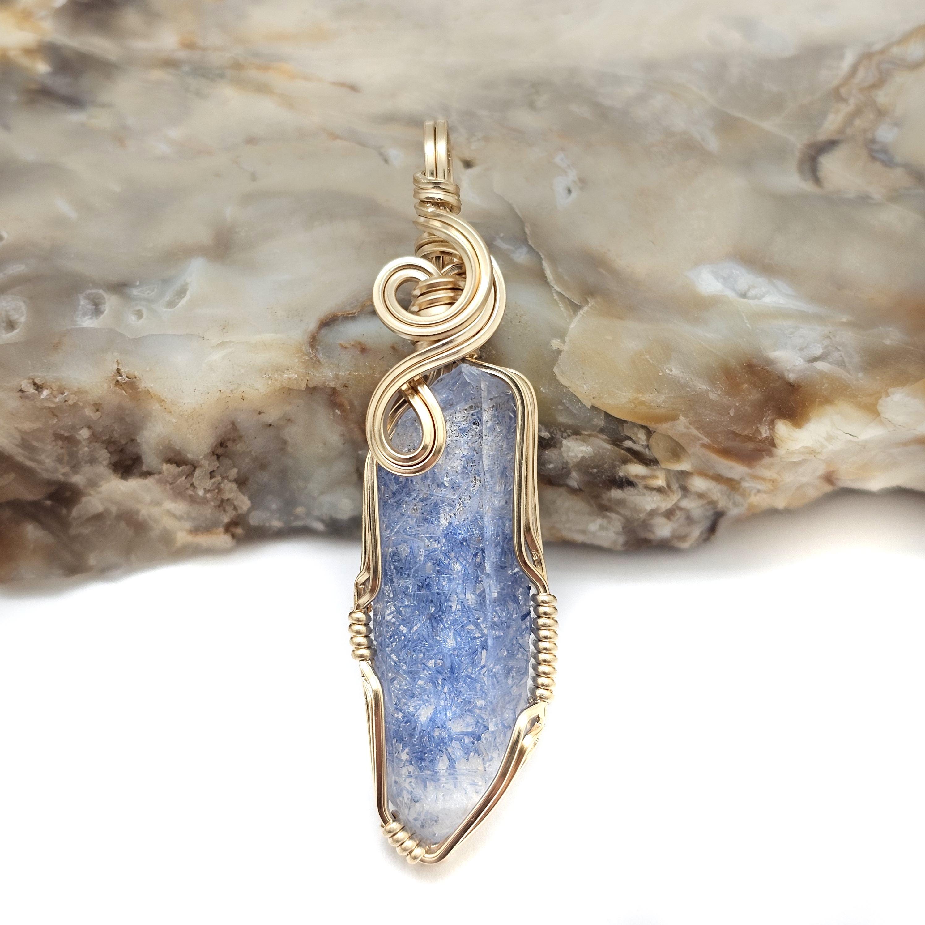 Dumortierite In Quartz Crystal Pendant In 14k Gold Filled Wire -- Gorgeous, Top Quality Color And Sprays! See Video!