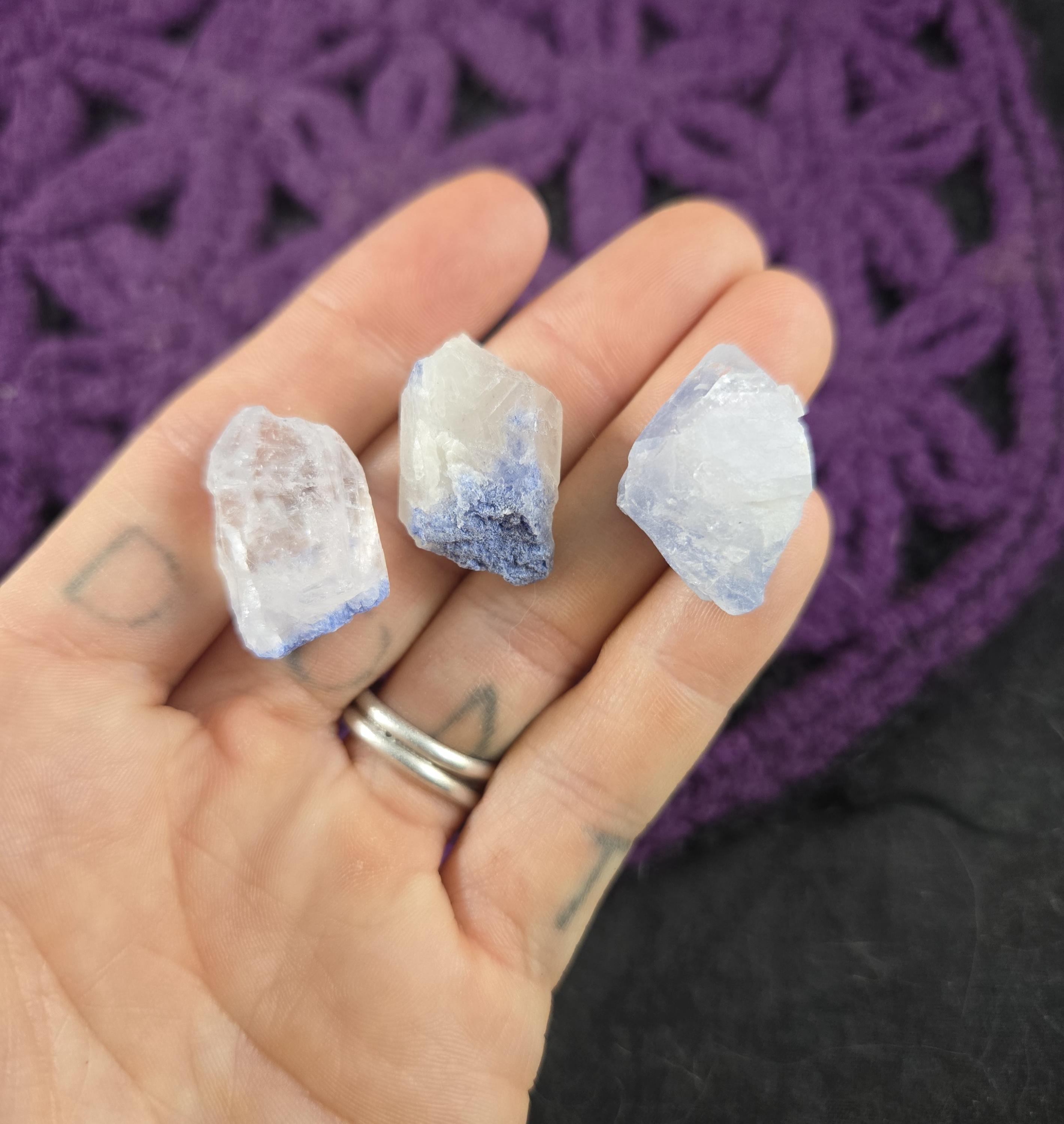 3 Dumortierite In Quartz Crystal Points Pieces Raw Rough Small Brazil Light Blue Etched Gridding Bulk Set Of 3