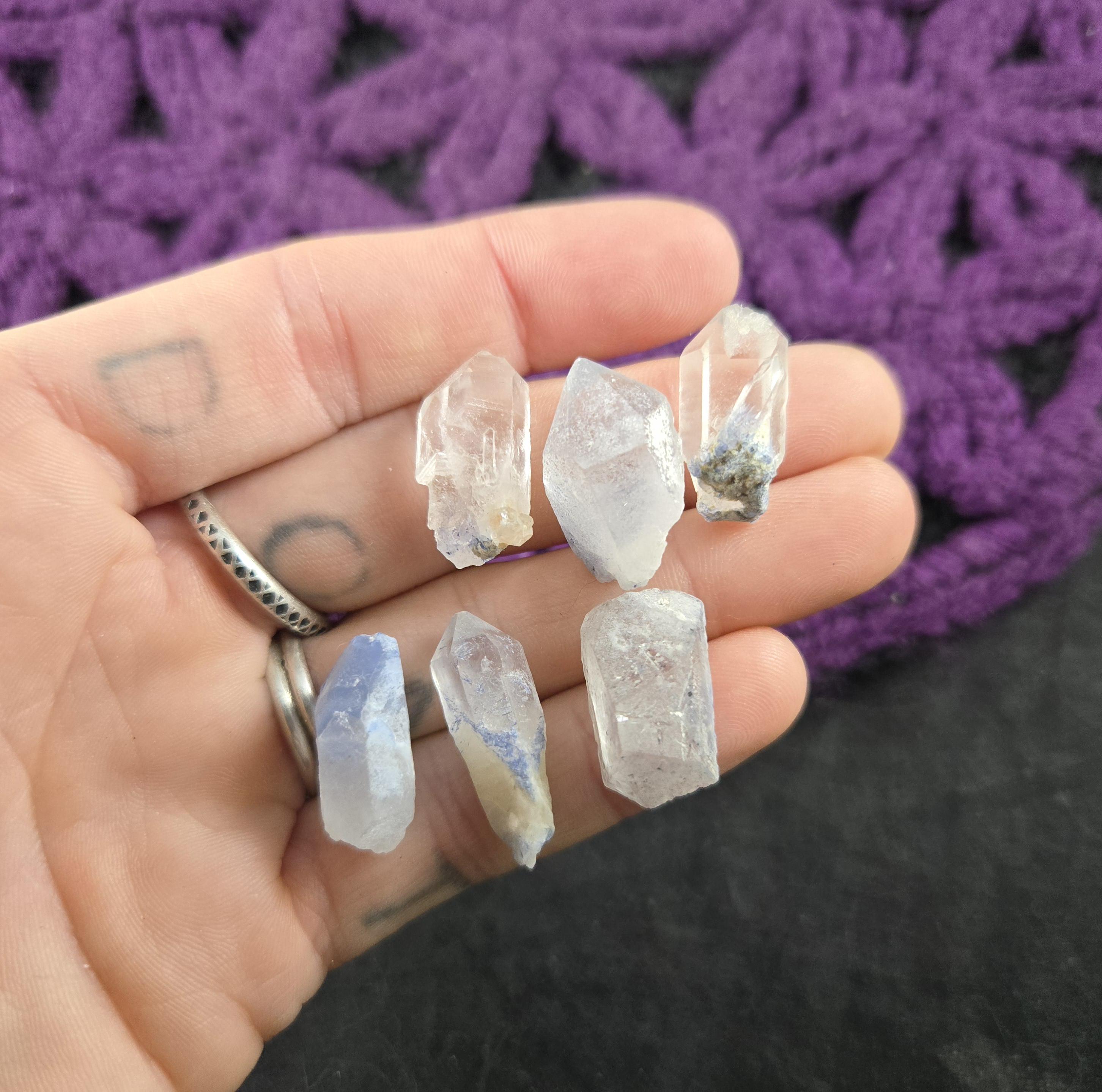 Dumortierite In Quartz Crystal Points Pieces Raw Rough Small Brazil Light Blue Etched Gridding Bulk Set Of 6