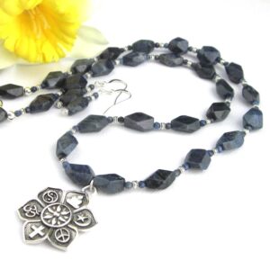 Dumortierite Quartz Necklace Earrings: Silver Lotus Flower Yoga Pendant