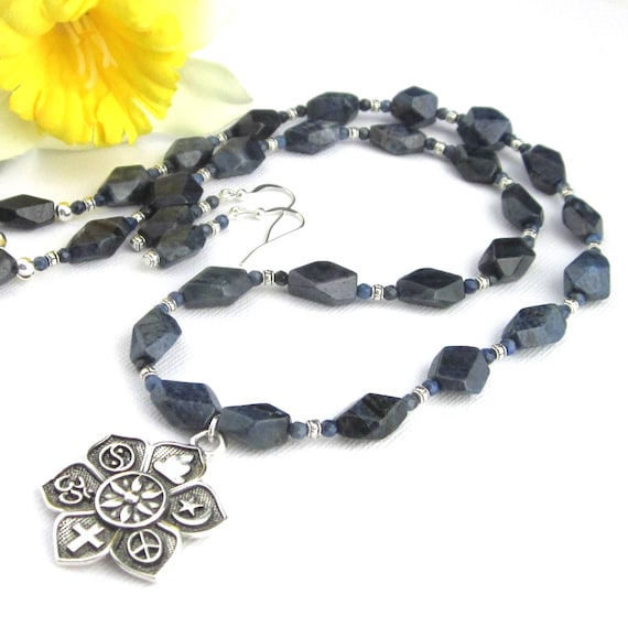 Dumortierite Quartz Necklace Earrings: Silver Lotus Flower Yoga Pendant
