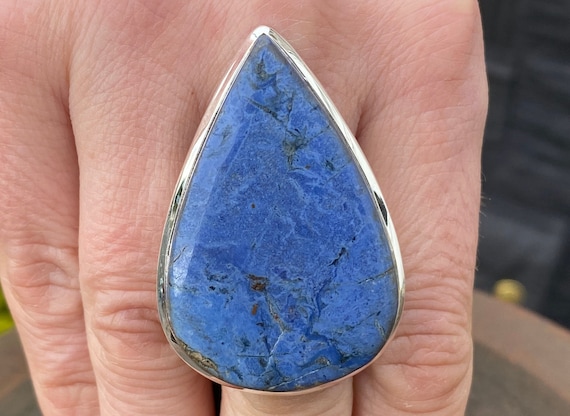 Dumortierite Ring (size T , 9.75) In 925 Sterling Silver - Natural 27x43mm Blue Gemstone - Handmade Statement Ring