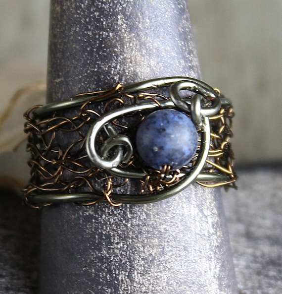 Dumortierite Stone Bronze Wire Crochet Ring Dumortierite Stone Bronze Wire Crochet Ring