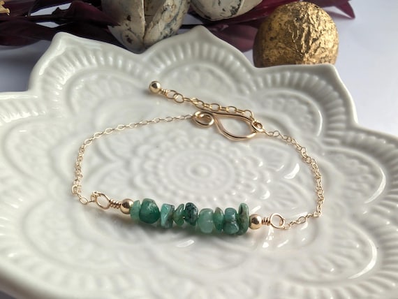 Emerald 14k Gold Filled Dainty Birthstone Bar Bracelet, May Birthstone