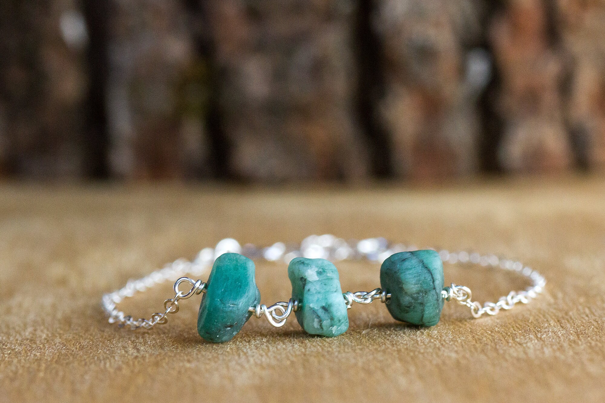 Engraved May Birthstone Bracelet - Raw Emerald Bracelet - Initial Bracelet - Raw Stone Bracelet - Healing Crystal Bracelet - Gift For Her