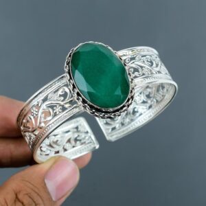 Faceted Zambian Emerald Bangle: Handmade 925 Sterling Silver Cuff Faceted Zambian Emerald Bangle: Handmade 925 Sterling Silver Cuff