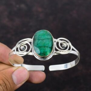 Faceted Zambian Emerald Cuff Bracelet: Handmade 925 Sterling Silver Faceted Zambian Emerald Cuff Bracelet: Handmade 925 Sterling Silver