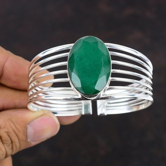 Faceted Zambian Emerald Cuff Bracelet: Adjustable Sterling Silver Bangle