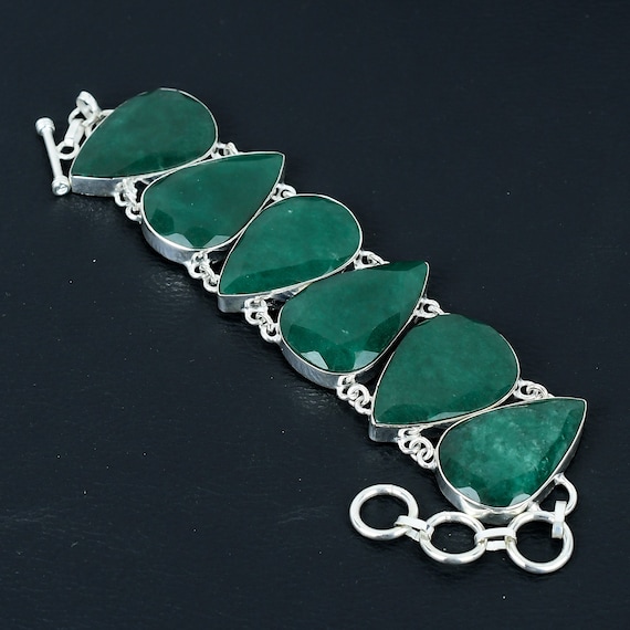 Faceted Zambian Emerald Bracelet: Handmade 925 Sterling Silver Adjustable Chain