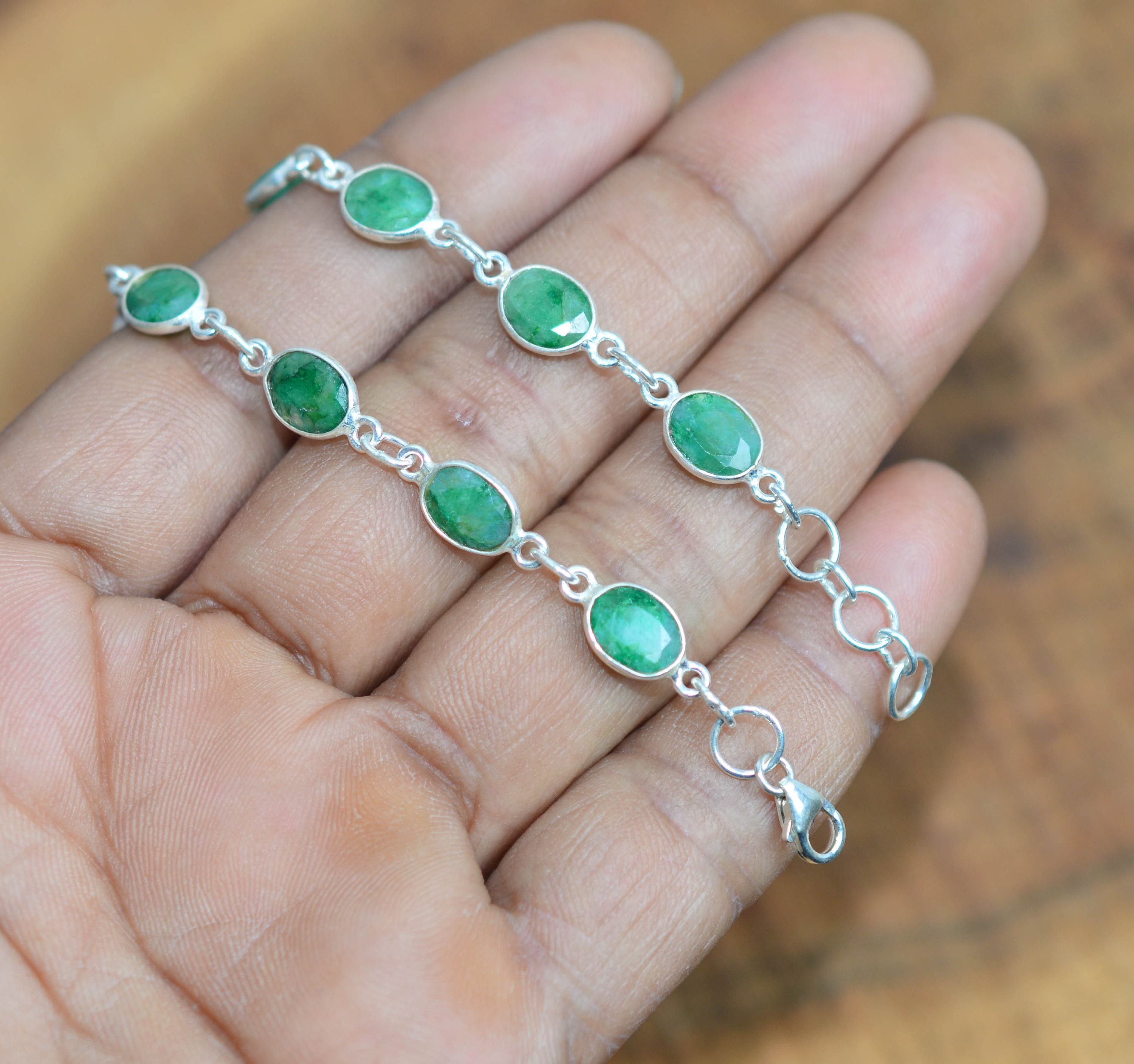 Green Emerald 925 Sterling Silver Adjustable Bracelet ~ 11 Gemstone Jewelry