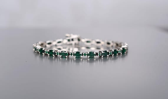 Green Emerald Oval Cut Tennis Bracelet, 925 Sterling Silver