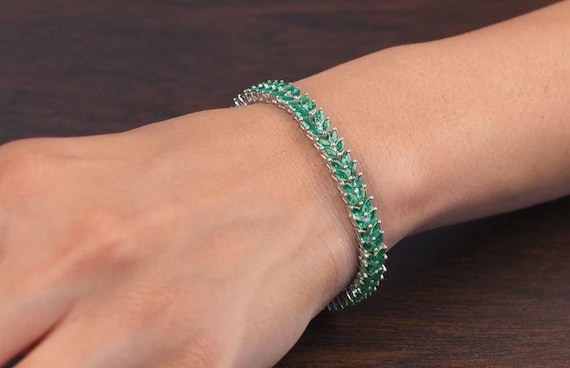 Green Emerald Tennis Bracelet, Double Row, 925 Sterling Silver