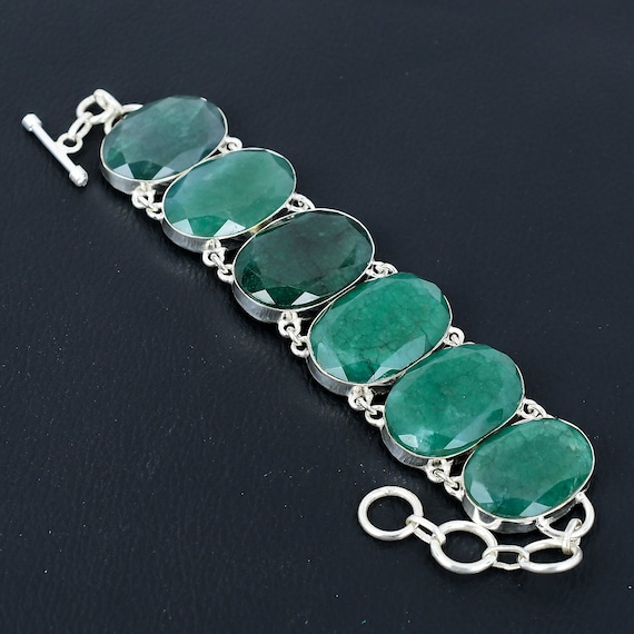 Handmade Faceted Zambian Emerald Bracelet: 925 Sterling Silver Adjustable Chain