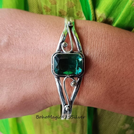 Handmade Emerald Sterling Silver Bangle: Gemstone Statement Bracelet