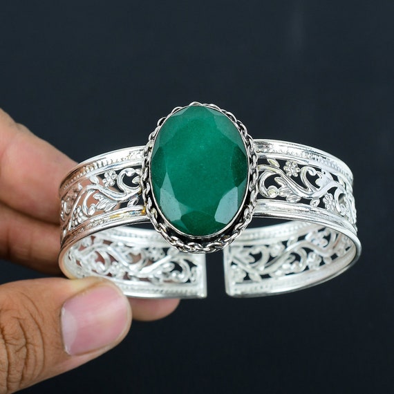 Handmade Zambian Emerald Cuff Bracelet: Adjustable Sterling Silver Bangle