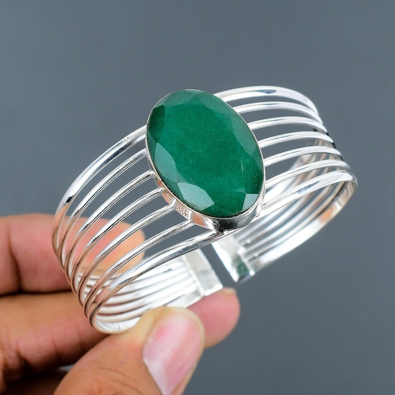 Handmade Zambian Emerald Cuff Bracelet: 925 Sterling Silver Bangle Handmade Zambian Emerald Cuff Bracelet: 925 Sterling Silver Bangle