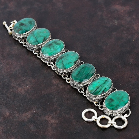 Handmade Zambian Emerald Bracelet: Vintage 925 Sterling Silver Adjustable Jewelry