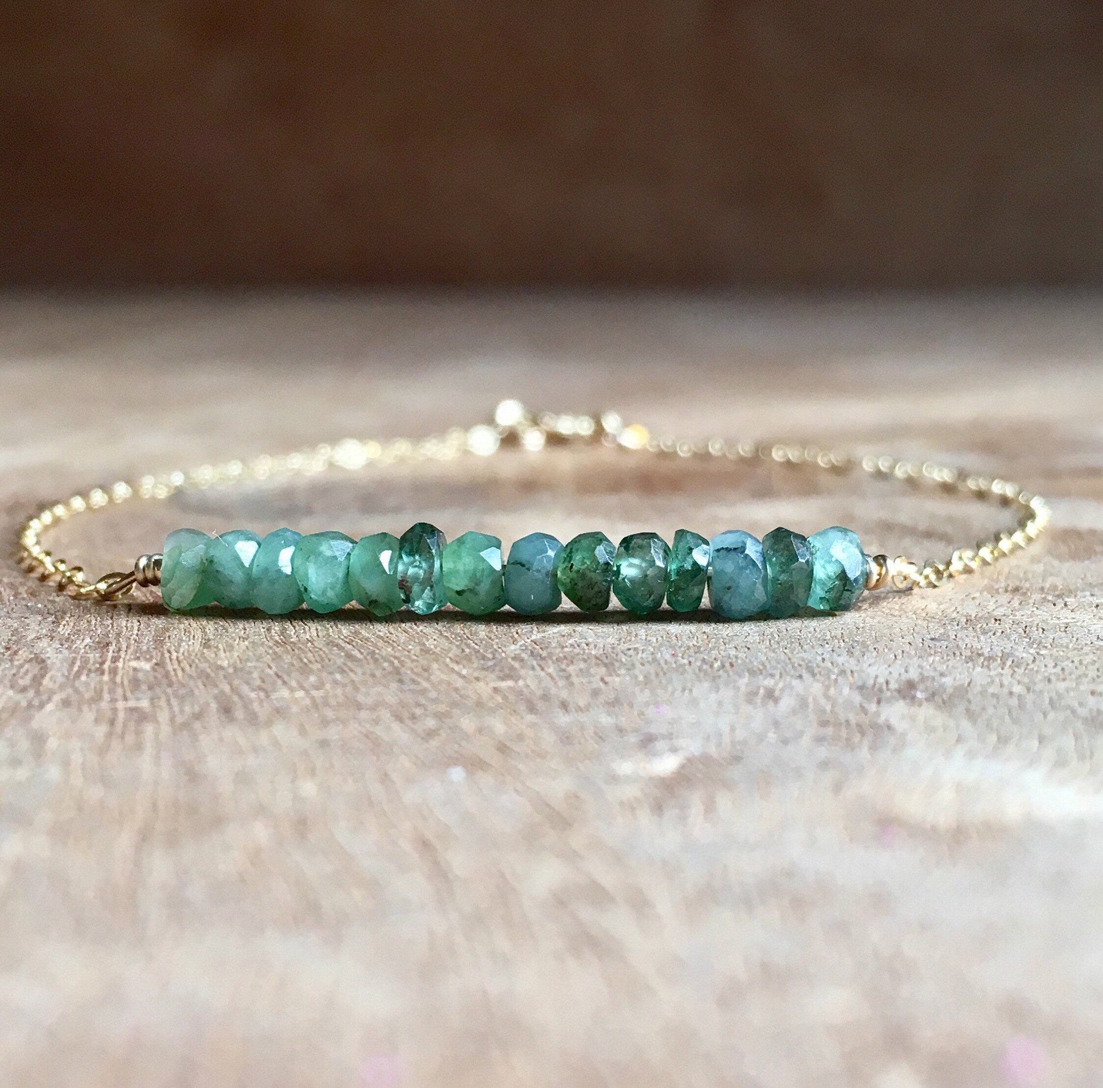 Natural Emerald Bracelet: Faceted Gemstone Beads, 14k Gold Or Sterling Silver