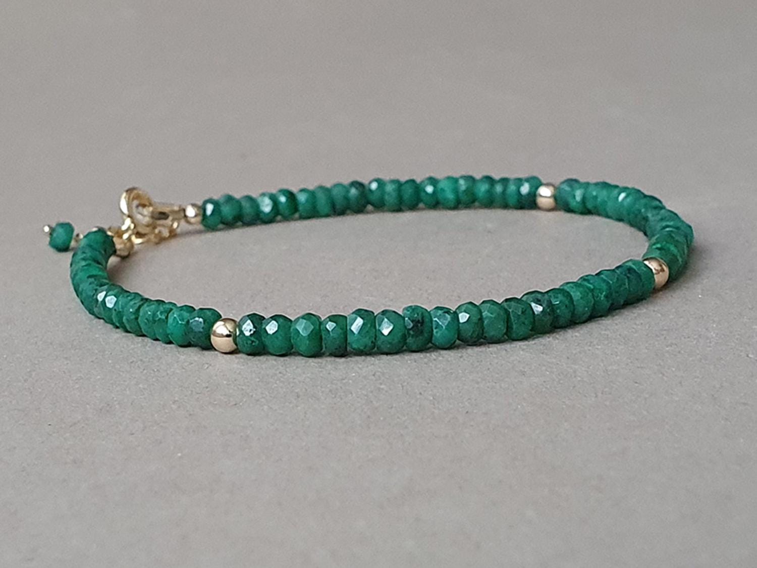 Emerald Rondelle Bracelet: Genuine Green Gemstone, Gold Filled
