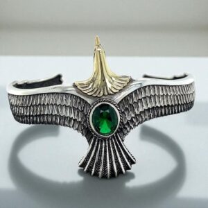Sterling Silver Eagle Bracelet, Emerald Stone, Unisex Bangle Sterling Silver Eagle Bracelet, Emerald Stone, Unisex Bangle