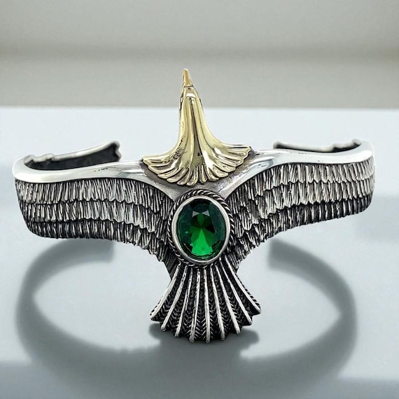 Sterling Silver Eagle Bracelet, Emerald Stone, Unisex Bangle