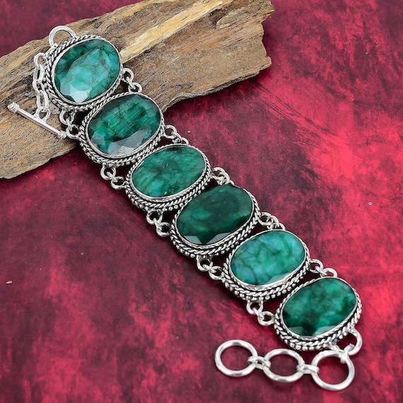 Unique Emerald Bracelet, 925 Sterling Silver Bracelet, Adjustable Chain Bracelet, Gemstone Bracelet, Handmade Jewelry, Party Wear Gifts.