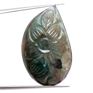 Emerald Gemstone Hand Carving Cabochon | Rare Emerald 16x26mm Fancy Cabochon | Natural Precious Loose Gemstone Floral Carved Fancy Cabochon