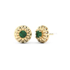 Round Shape Emerald Stud Earrings, Petal Prong Heavy Earrings, High Quality Gold Finish Cabochon Gemstone Earrings, Wedding Gift For Her