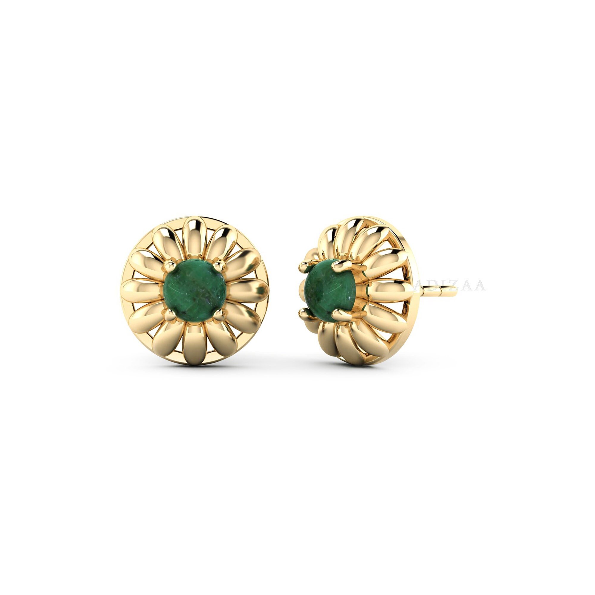 Round Shape Emerald Stud Earrings, Petal Prong Heavy Earrings, High Quality Gold Finish Cabochon Gemstone Earrings, Wedding Gift For Her