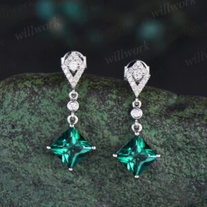 1ct princess cut green emerald earrings women 14k white gold bezel kite halo diamond drop earrings May birthstone anniversary gift for her