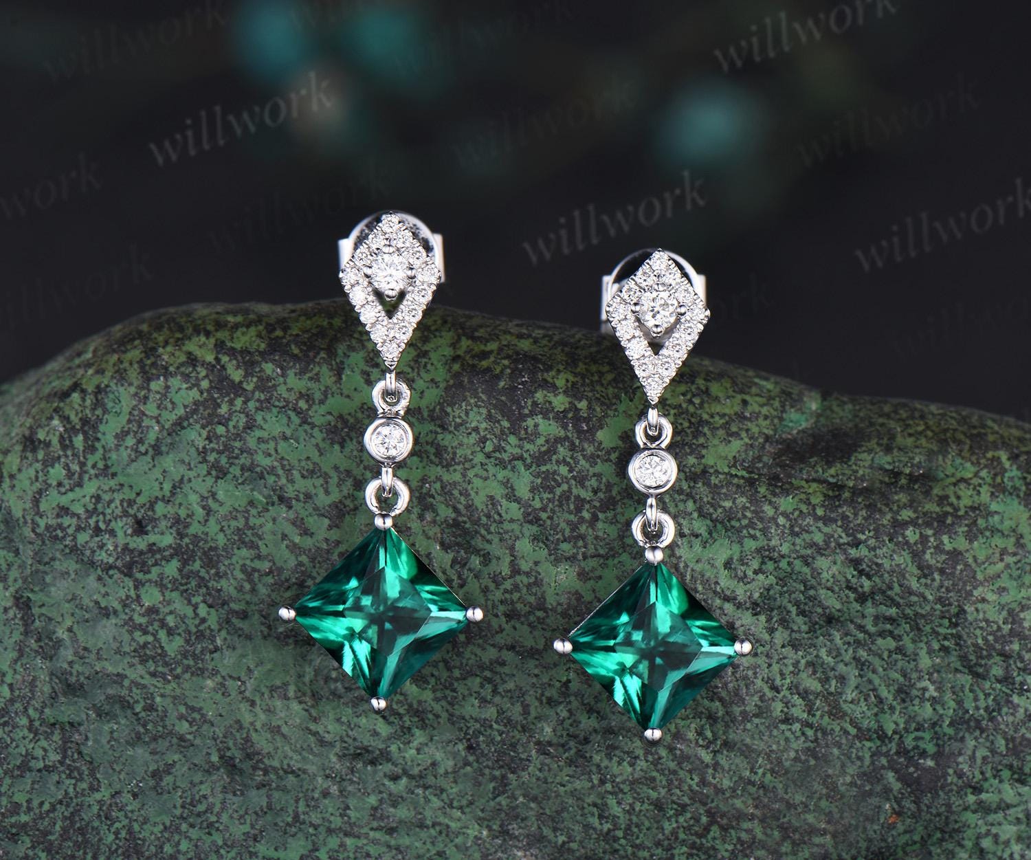 1ct Princess Cut Green Emerald Earrings Women 14k White Gold Bezel Kite Halo Diamond Drop Earrings May Birthstone Anniversary Gift For Her