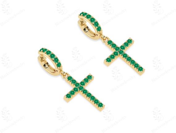 Emerald Cross Earrings For Women 925 Sterling Silver Green Gemstone Hoop Earrings Vintage Religious Dangle Drop Earrings Birthday Present