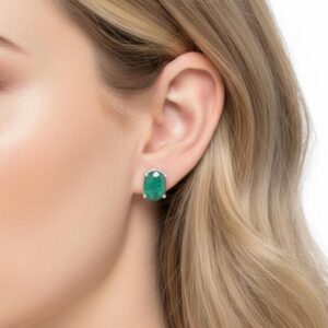 Cut Green Emerald 925 Solid Sterling Silver Dainty Oval Stud Earrings