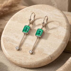 Emerald Dangle Drop Earrings, 925 Sterling Silver, Octagon Cut Gemstone, Handmade Jewelry