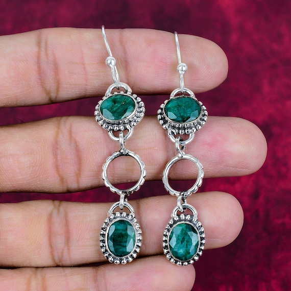 Emerald Earring, Beautiful Green Emerald 925 Sterling Silver Jewelry Oval Shape Gemstone Faceted Emerald Hook Earring, Handmade Jewelry Gift