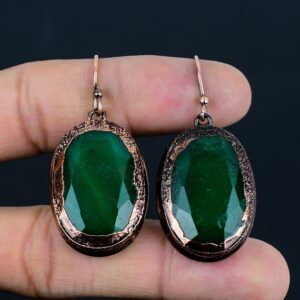 Electroformed Copper Earrings: Faceted Zambian Emerald Gemstone, Handmade