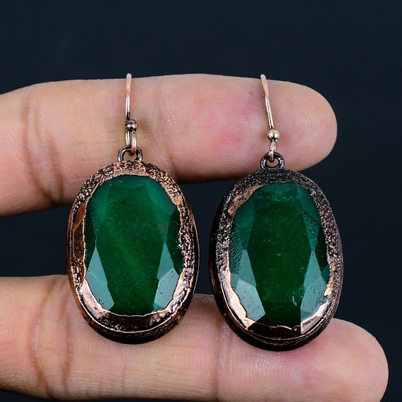 Electroformed Copper Earrings: Faceted Zambian Emerald Gemstone, Handmade