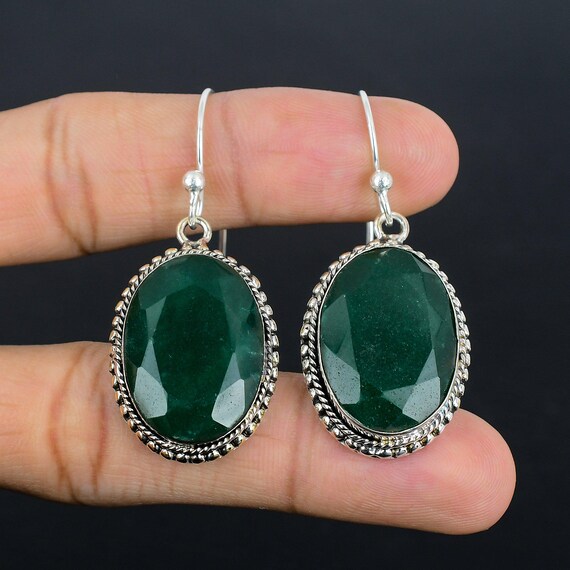 Faceted Zambian Emerald Earrings: Handmade 925 Sterling Silver Jewelry