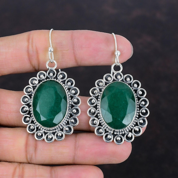Faceted Zambian Emerald Earrings: Handmade 925 Sterling Silver Vintage Jewelry