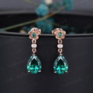 Floral pear shaped green emerald earrings rose gold three stone bezel diamond flower drop earrings women anniversary gift for her jewelry