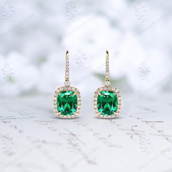 Green Emerald Earrings For Women 925 Silver Emerald Statement Earrings Cushion Cut Emerald Dangle Drop Earring Unique Halo Style Dangle Drop