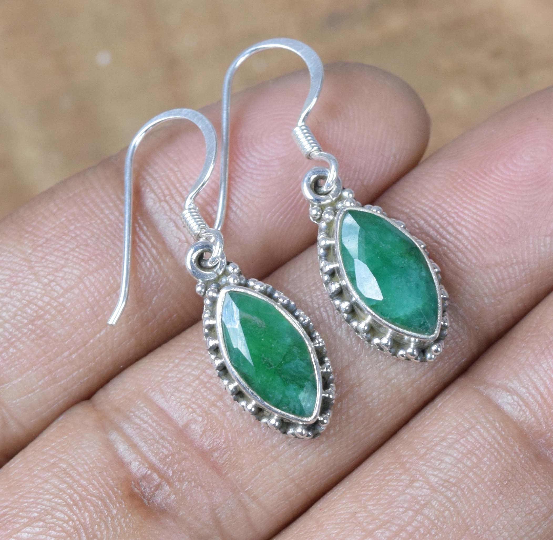 Green Emerald Sterling Silver Hook Earrings, May Birthstone