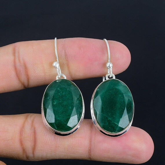 Handmade Zambian Emerald Dangle Earrings: 925 Sterling Silver, Antique Style