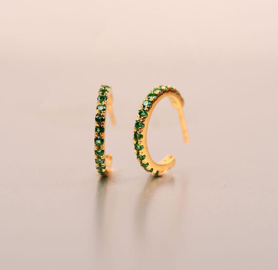 Emerald Hoop Earrings: Huggie Hoops, Anniversary Gifts, Bridal Jewelry, Birthstone Pushback Earring